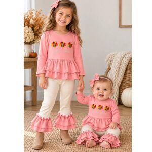 Saving Grace Smocks Sister Set Pink Gobble Gobble Turkey Thanksgiving Sz 5 & 9M